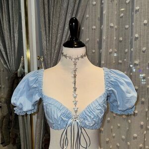 NWT Beginning Boutique Blue Puff Sleeve Crop Top Milk Maid